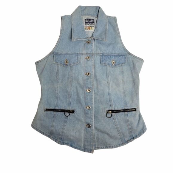 VINTAGE 90s denim vest cotton button up fitted blue M - Picture 1 of 7